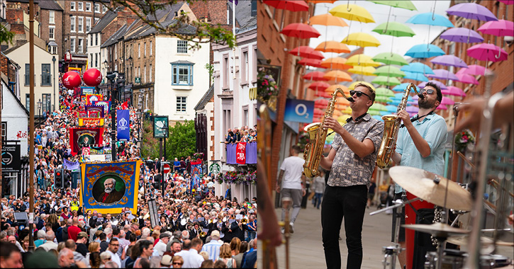 Crowds walking down street at Durham Miners' Gala and performers at Durham Brass Festival